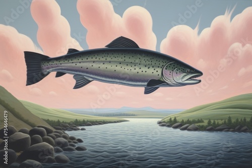 Rainbow trout out of the water beside the rocks and river pink clouds blue sky , beautiful green countryside by the river banks. 