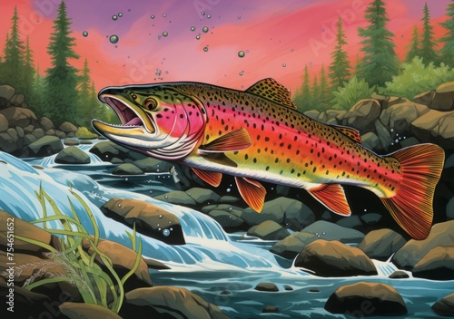 Portrait of a beautiful rainbow trout on the rocks beside the river.