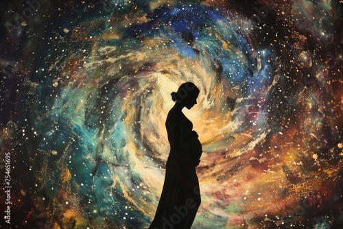 An artistic interpretation of a pregnant woman's silhouette against a backdrop of swirling galaxies and stars, her hands cradling her belly in a gesture of cosmic connection