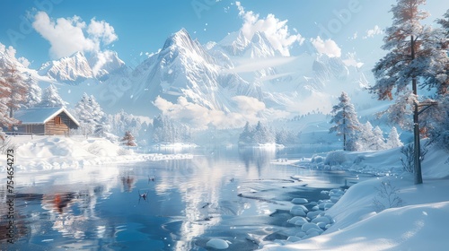 Magical winter landscapes blanketed in snow, featuring snow-covered mountains, frozen lakes, cozy cabins, and winter sports enthusiasts skiing, snowboarding