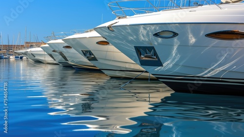 Luxury boats lined up in a marina, reflecting wealth and a leisurely lifestyle