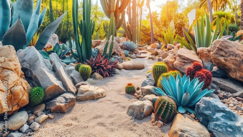 A diverse cactus garden thrives in a rocky desert landscape