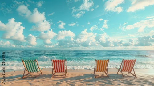 Beach Chairs, Stylish and comfortable beach chairs arranged on sandy shores invite viewers to imagine themselves soaking up the sun or enjoying panoramic ocean views