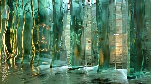 Surreal Glass Room Installation with Emerald Green Tubes and Gold Reflections