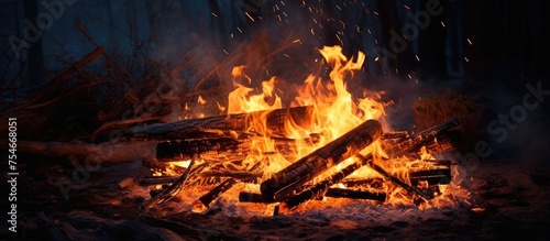 A fire is burning in the dark woods, casting a warm glow on the surrounding trees and illuminating the night sky.