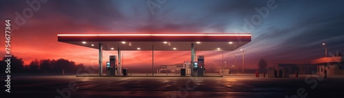 The vibrant glow of warning lights on a gas station at dawn
