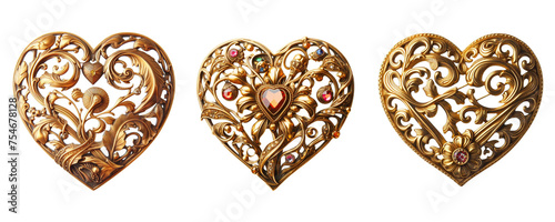 3 Old fashioned love brooch made of gold with intricate design set against a transparent PNG background