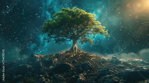Depict a tree with roots spreading deep into the earth and branches reaching towards the sky, symbolizing the interconnectedness of nature and human culture