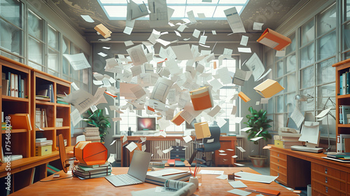 A messy office with papers flying everywhere