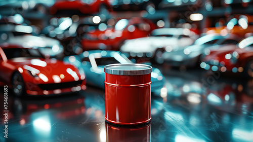 A red container with a silver cap stands out on a reflective floor with luxury cars softened in the background
