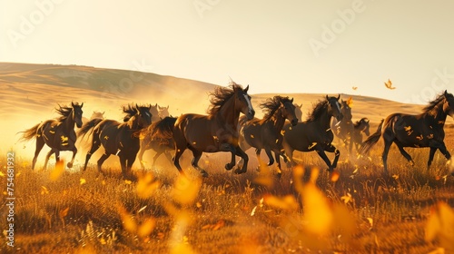 Energetic Wild Horses Running in Golden Meadow - Dynamic Shot