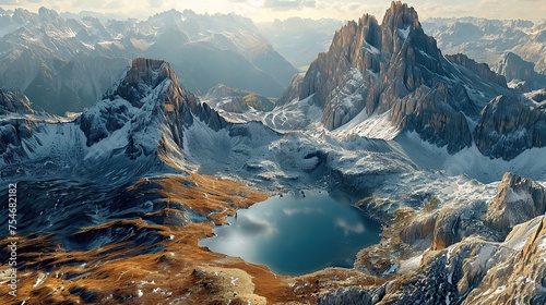 Aerial view of Lago Antorno, Dolomites, Lake mountain landscape with Alps peak , Misurina, Cortina d'Ampezzo, Italy.