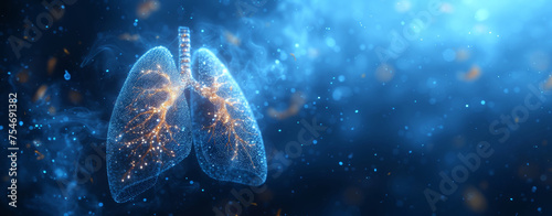 Digital representation of human lungs with sparkling structure, blue background, medical, health, biology, respiratory system, anatomy, science, technology, particles, 3D, glowing