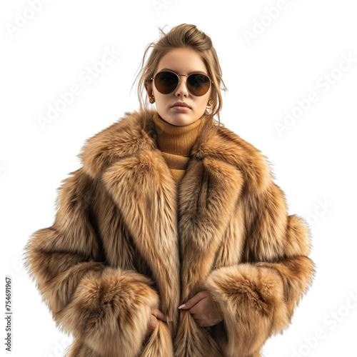 Front view mid body shot of an extremely beautiful female Caucasian model wearing a sable fur coat with sunglasses on a white transparent background