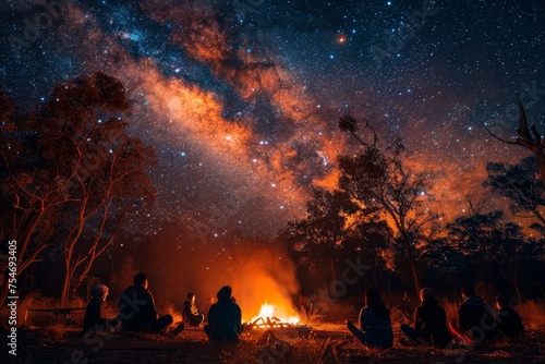 Indigenous storyteller captivates audience with cultural tales under starlit night sky.