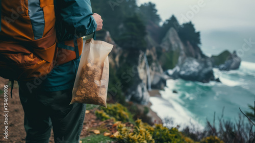 A person on a hike by the sea pausing to enjoy a snack with a foggy ocean background and rugged cliffs
