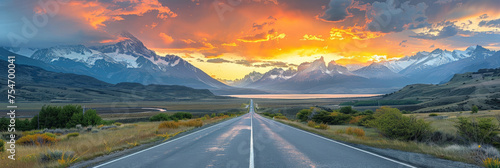 empty road with mountains and lake background at sunset ora sunrise, banner 