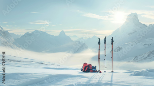 A mountaineer taking a break in a snowy mountain landscape with ski poles and a backpack