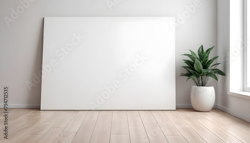 blank art canvas mockup on the laminate floor against the white wall. AI generated 