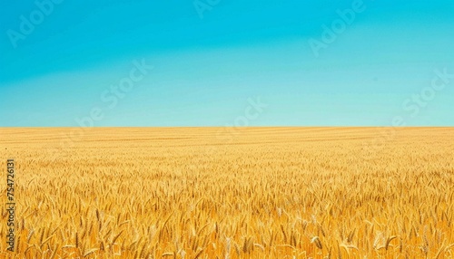 A field of yellow wheat ears with a misty blue sky in the backdrop