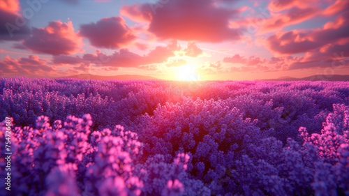 Sunset over the lavender field. 3d render. Beautiful landscape.