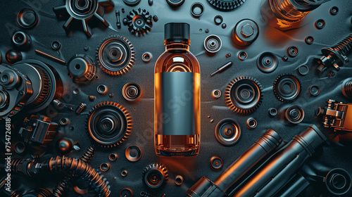 Detailed image of a dark labeled bottle amid various mechanical components and gears