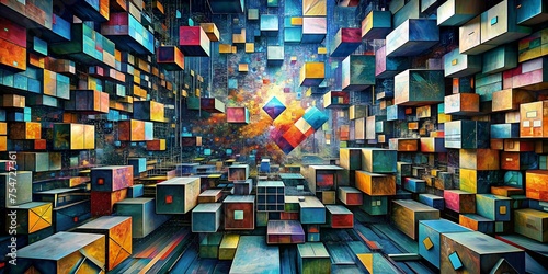 A illustration vibrant painting in a cubist style, depicting fragmented code snippets and data visualizations arranged in a thought-provoking way.
