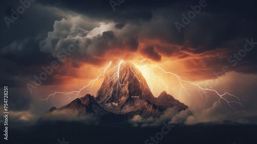 A thunderstorm raging over a solitary mountain peak
