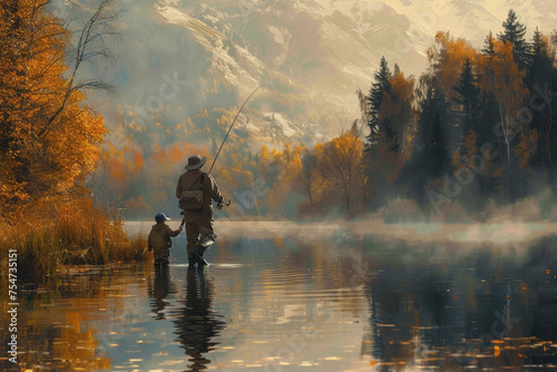 Father and son fishing together by the lake happily on holiday. AI Generated