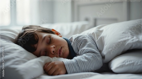 Close up of a sleeping child boy on a white bed in the bedroom from Generative AI