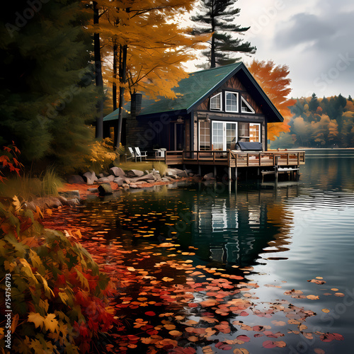 A serene lakeside cabin in autumn.
