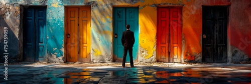 businessman in front of multiple doors of diverse colors as symbol for different opportunities. Generative ai