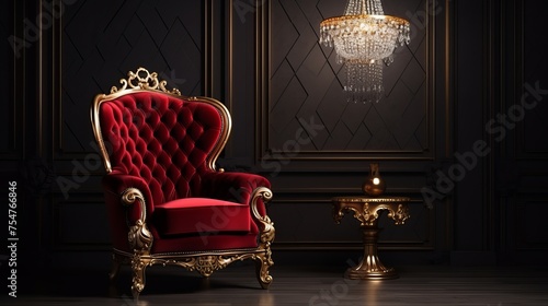 Gilded in shimmering gold and upholstered in rich red velvet, a luxurious armchair exudes extravagance and refinement.
