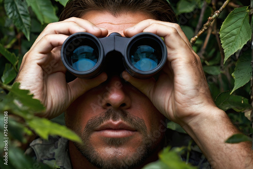Hidden behind thick leaves, a spy on a lookout secretly scans and survey enemy territory. A nosy parker hides behind dense foliage watching from afar using binoculars. A busybody spying on neighbors.