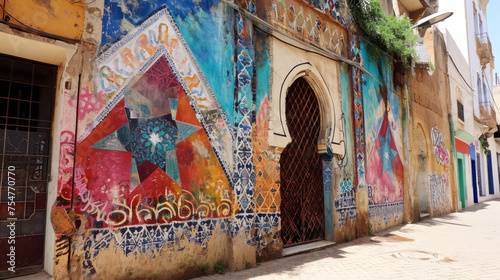 Colorful street art on the ancient walls of the Kasbah of the Udayas in Rabat
