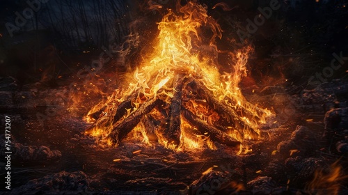 Hyper-realistic image of a roaring bonfire, capturing the intricate dance of flames with impeccable detail, the glow illuminating the surrounding night