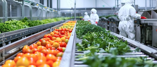 A conveyor system transports the mature, mouth-watering produce to an adjacent packaging area where workers in pristine cleanroom suits carefully harvest, inspect, and prepare each flawless fruit and 