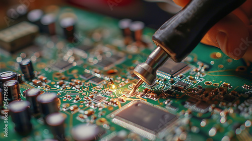 close up of a electronic circuit board, repair of a computer, close up of a computer board soldering with soldering iron by technician