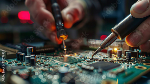 close up of a electronic circuit board, repair of a computer, close up of a computer board soldering with soldering iron by technician