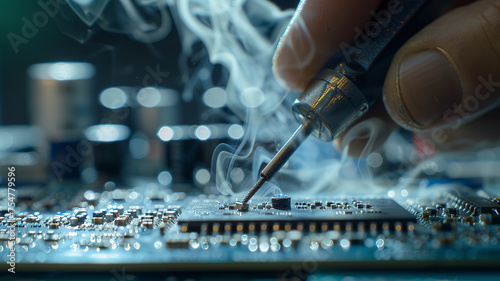 close up of a electronic circuit board, repair of a computer, close up of a computer board soldering with soldering iron by technician