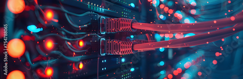 Big data server and network infrastructure. Broad bandwidth internet connectivity by fiber optics and data storage cluster.