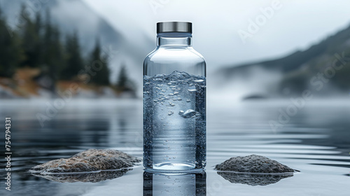 Eco-Friendly Water Bottle Amidst Serene Nature and Mountainous Backdrop
