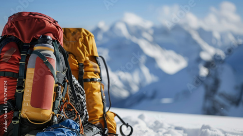 A detailed close-up focused on a climber's backpack with mountaineering equipment against a snowy mountain backdrop