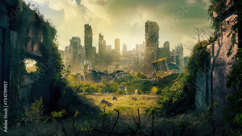 Ruins overgrown by plants. In background the last remains of a destroyed city skyline after the apocalypse. Generative Ai