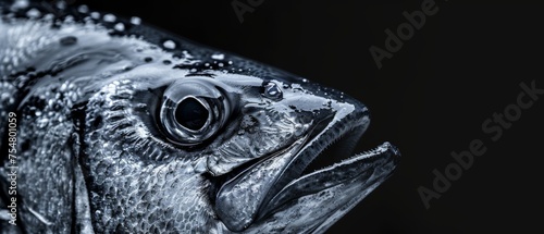  a close up of a fish with bubbles of water on it's face and a black back ground with a black background.