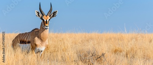  a gazelle standing in the middle of a dry grass field with it's head turned to the side.