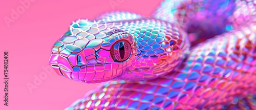  a close up of a snake's head on a pink and blue background with a pink circle in the center.