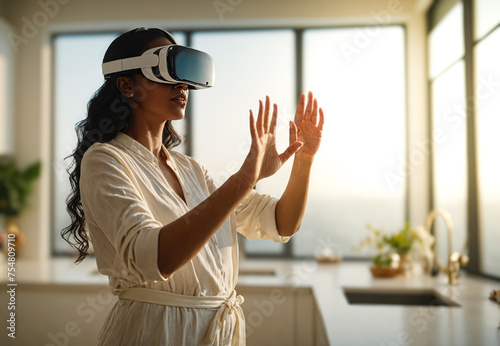 African American woman in white augmented virtual reality glasses gesticulates with her hands while controlling a virtual screen while standing in a modern home kitchen
