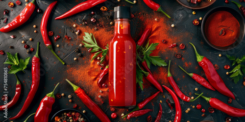 Fiery red hot sauce bottle amidst a dynamic arrangement of chili peppers and spices, vibrant and eye-catching