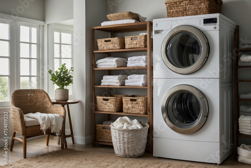 Stilvolle Wäscherei-Einrichtung mit gefalteten Handtüchern und rustikalem Holzregal